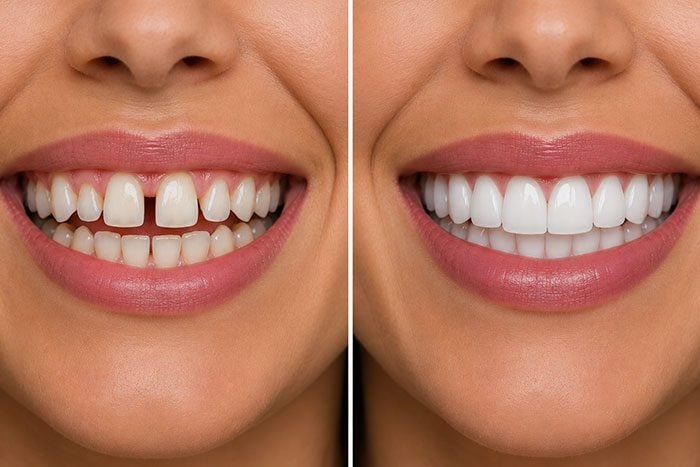 Before and after comparison of a smile, showing a gap between the front teeth closed