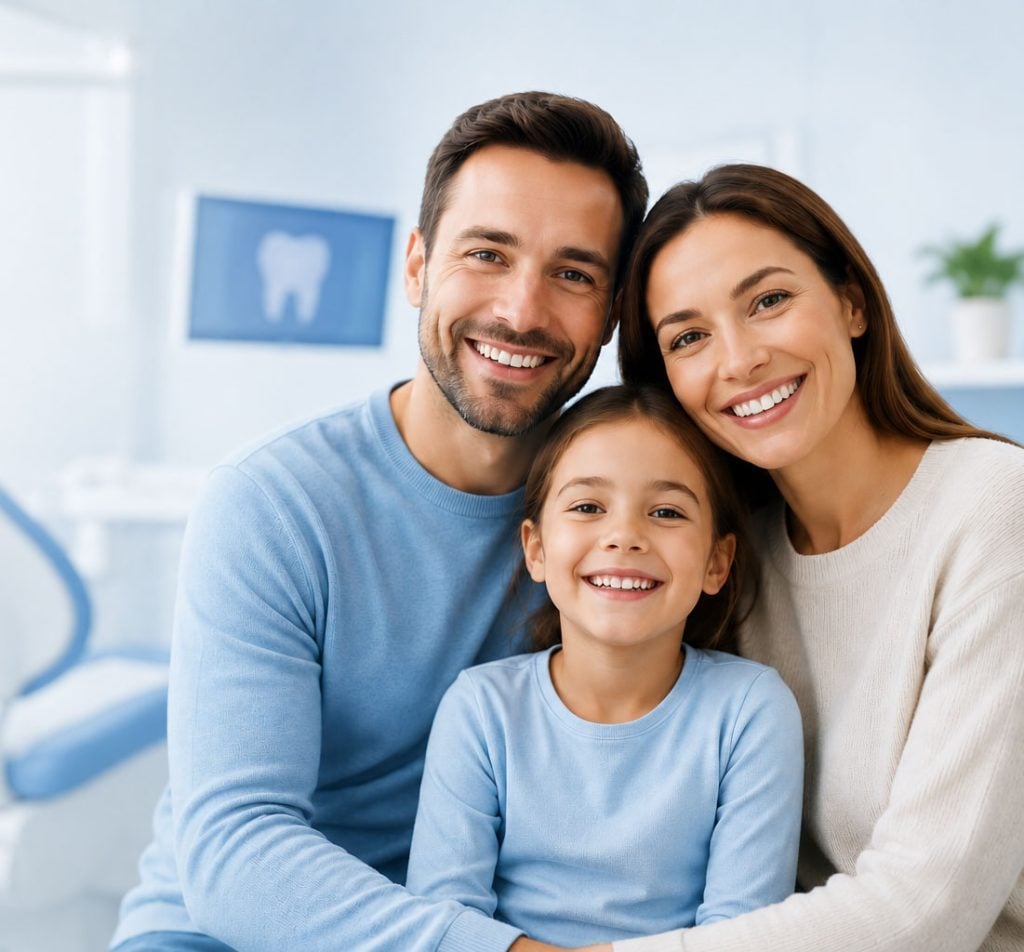 A family of three smiling together in a dental office