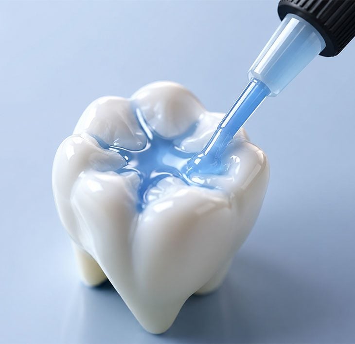 Dental sealant being applied to a model molar