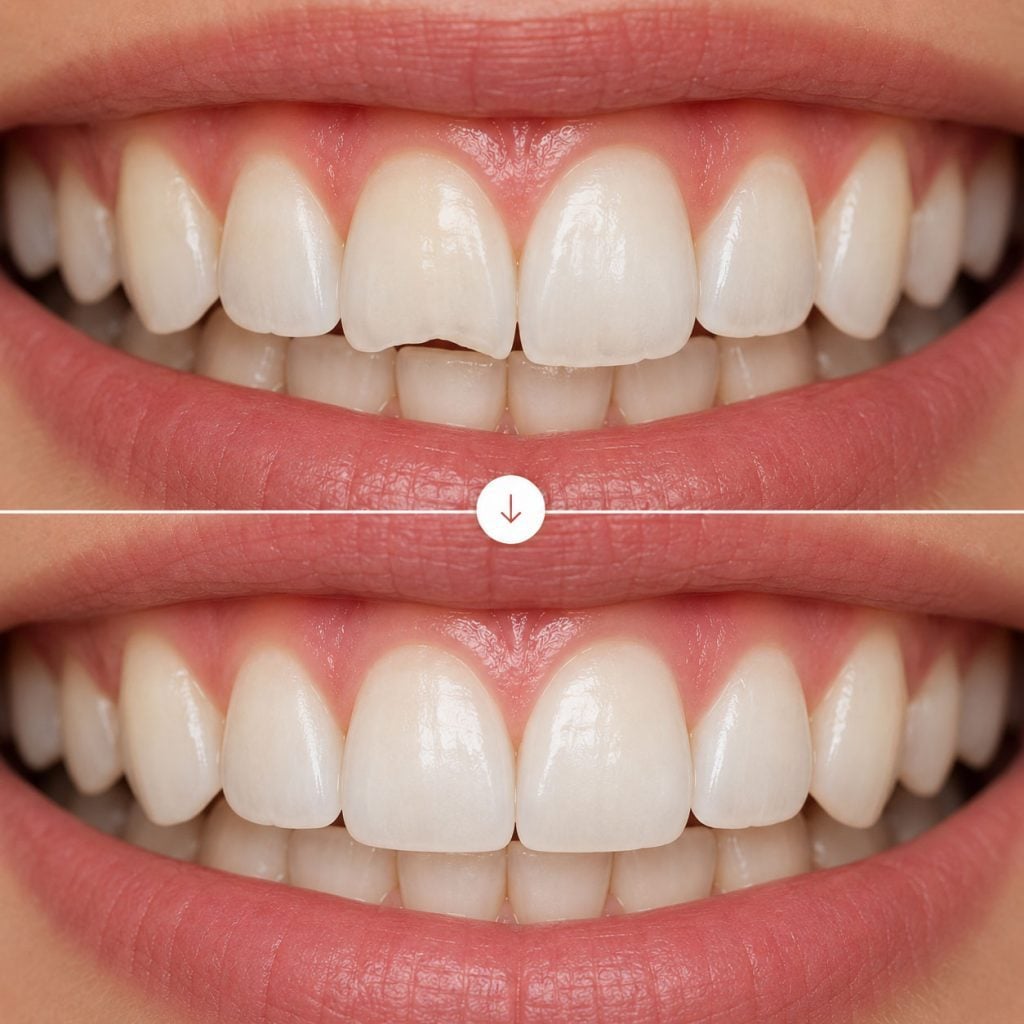 Before and after comparison of a smile, shown one above the other