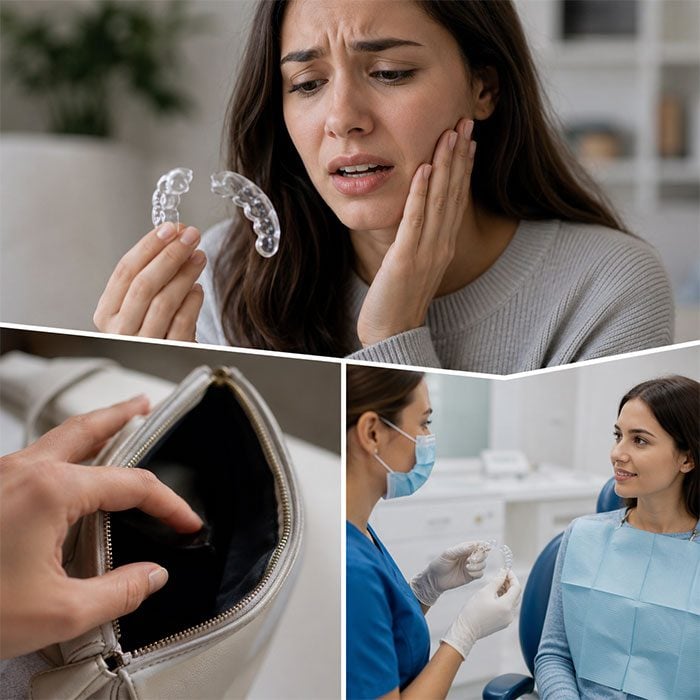 A woman holding a clear retainer, shown alongside a retainer case and a consultation