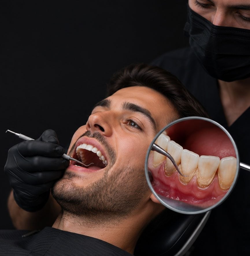 A patient's teeth being examined, shown close up in a dental mirror